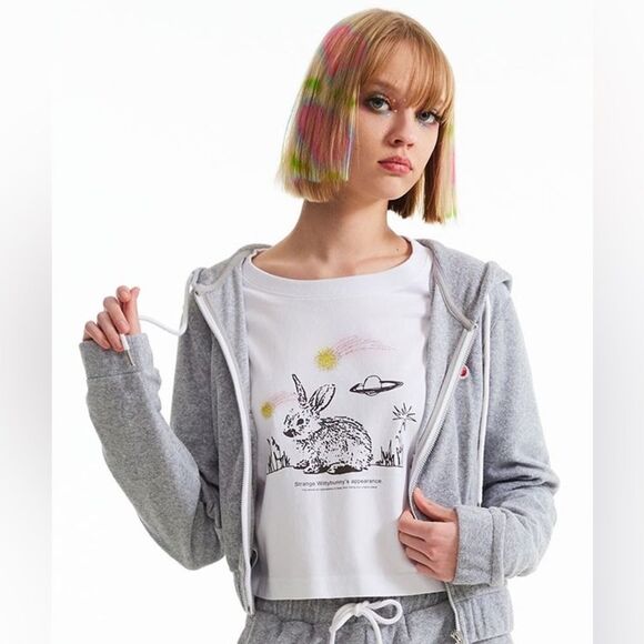 Kirsh Gray Cropped Hoodie Zip Up Sweatshirt Cherry Flower Patch Size 1 Juniors - Picture 1 of 10